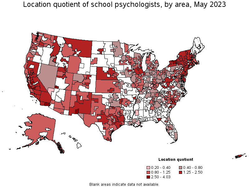 Map of location quotient of school psychologists by area, May 2022