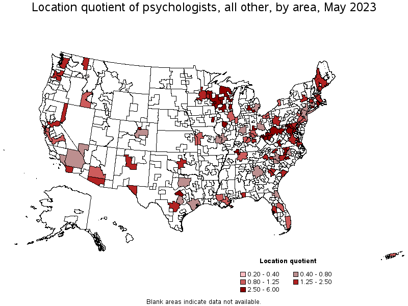 Map of location quotient of psychologists, all other by area, May 2022