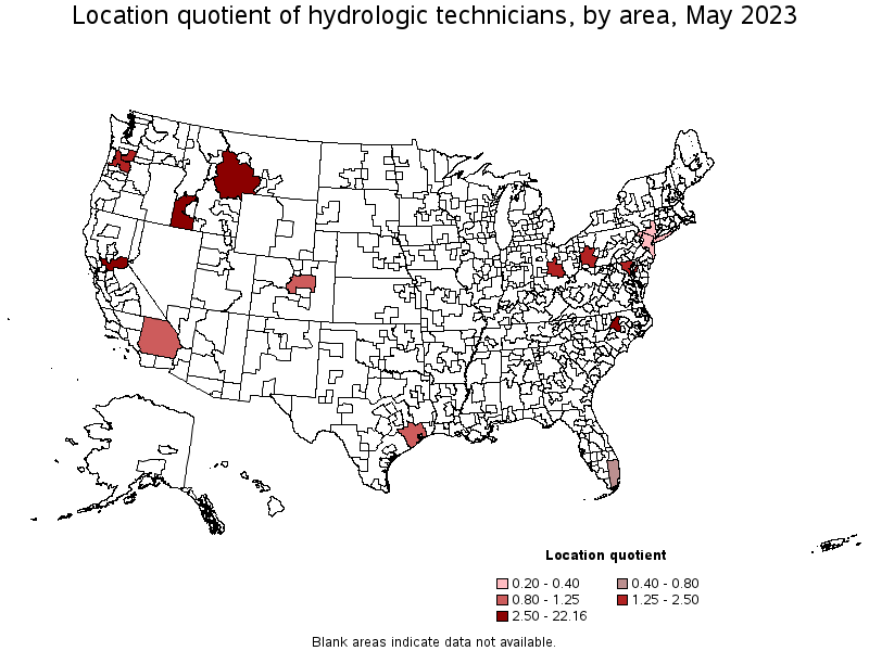 Map of location quotient of hydrologic technicians by area, May 2022