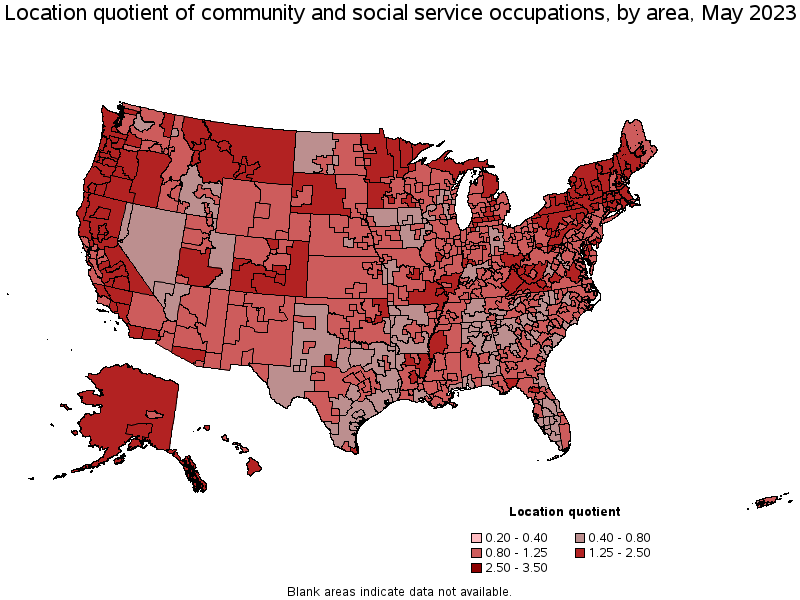 Map of location quotient of community and social service occupations by area, May 2022