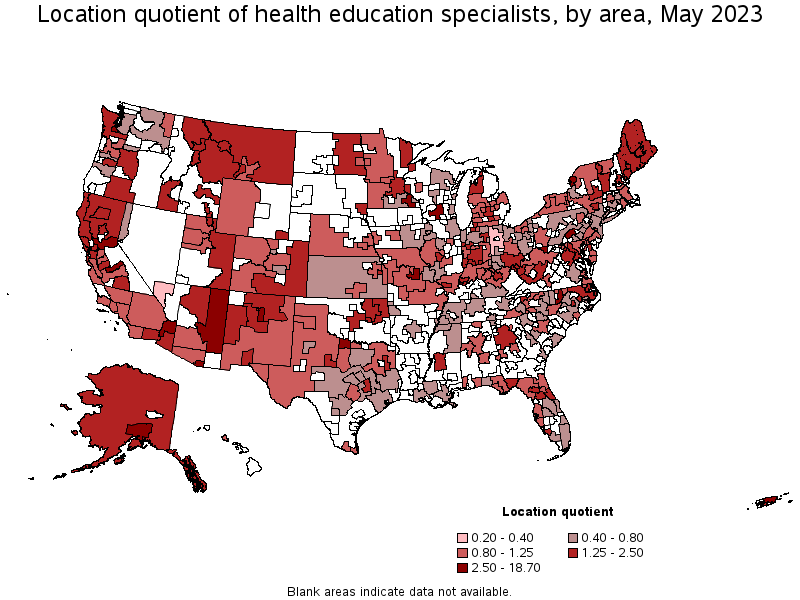 Map of location quotient of health education specialists by area, May 2022