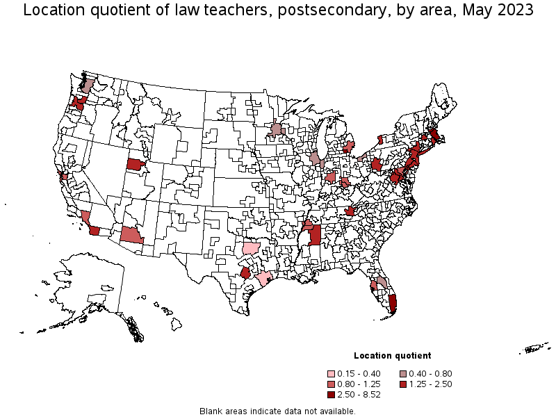 Map of location quotient of law teachers, postsecondary by area, May 2021