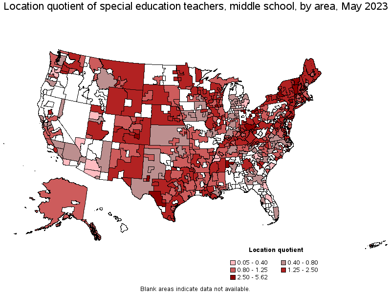 Map of location quotient of special education teachers, middle school by area, May 2022