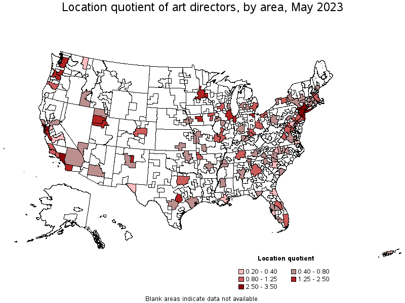 Map of location quotient of art directors by area, May 2022