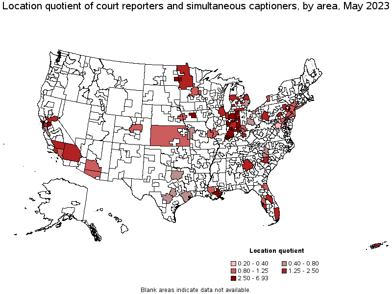 Map of location quotient of court reporters and simultaneous captioners by area, May 2021