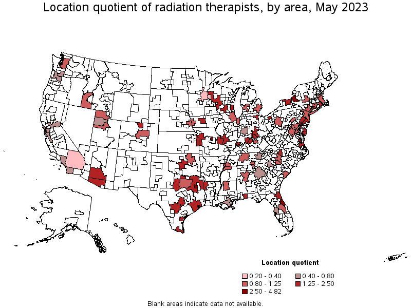 Map of location quotient of radiation therapists by area, May 2021