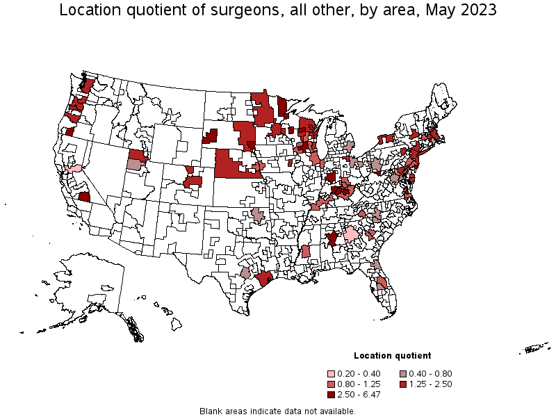 Map of location quotient of surgeons, all other by area, May 2021