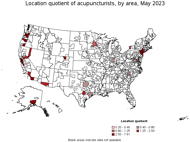 Map of location quotient of acupuncturists by area, May 2022
