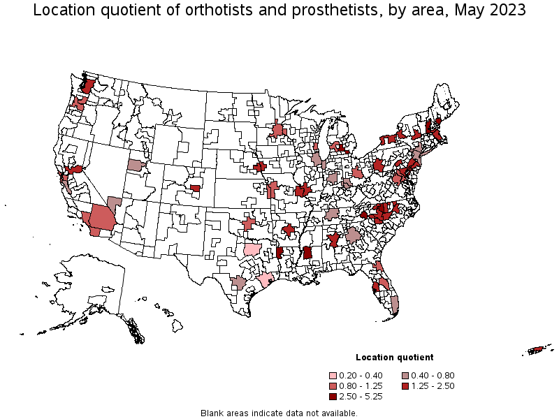 Map of location quotient of orthotists and prosthetists by area, May 2022