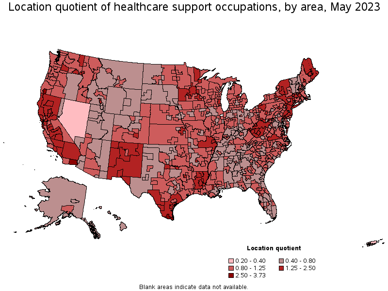 Map of location quotient of healthcare support occupations by area, May 2021