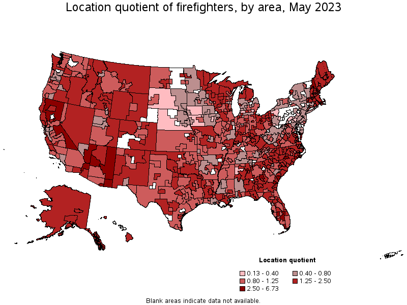 Map of location quotient of firefighters by area, May 2022