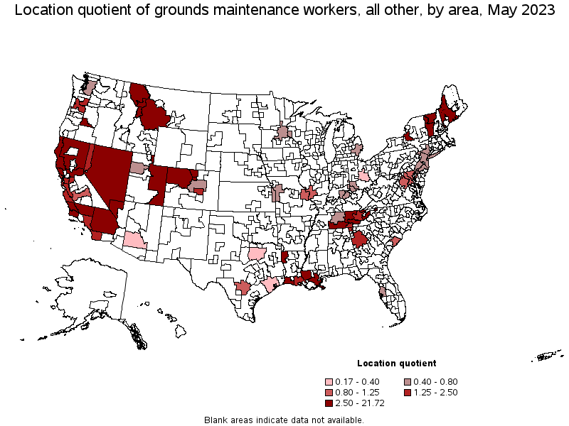 Map of location quotient of grounds maintenance workers, all other by area, May 2021
