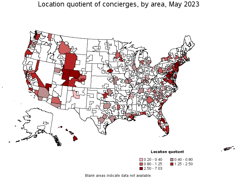 Map of location quotient of concierges by area, May 2022