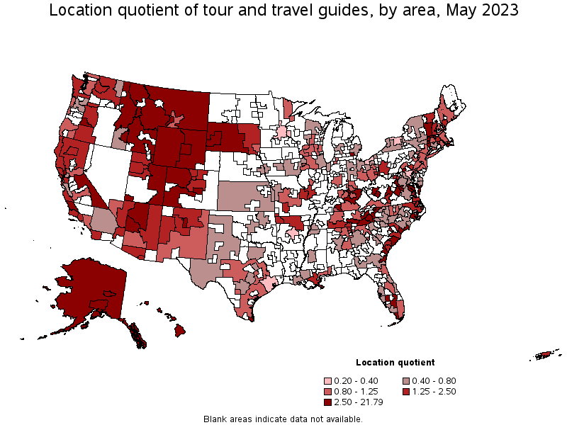 Map of location quotient of tour and travel guides by area, May 2022