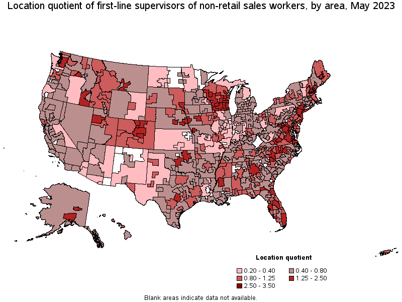 Map of location quotient of first-line supervisors of non-retail sales workers by area, May 2021