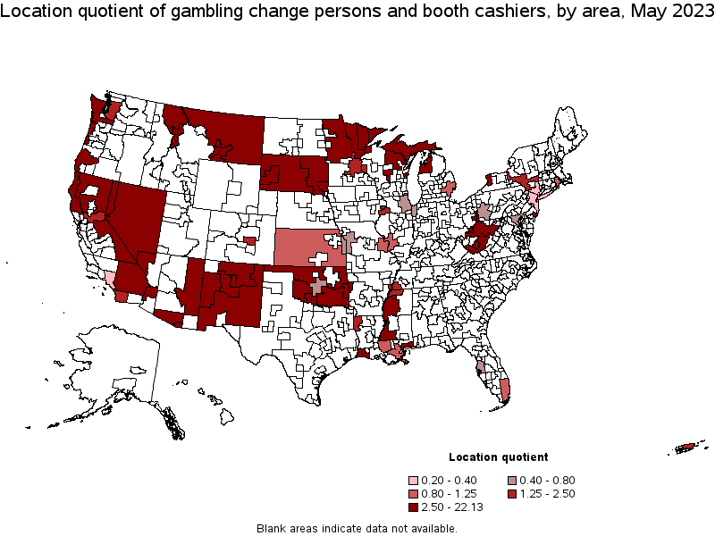 Map of location quotient of gambling change persons and booth cashiers by area, May 2022