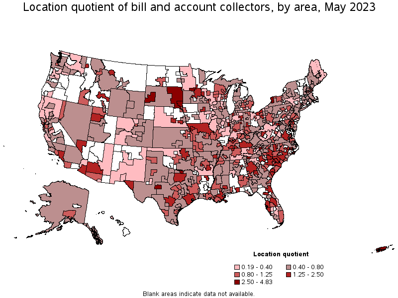 Map of location quotient of bill and account collectors by area, May 2021