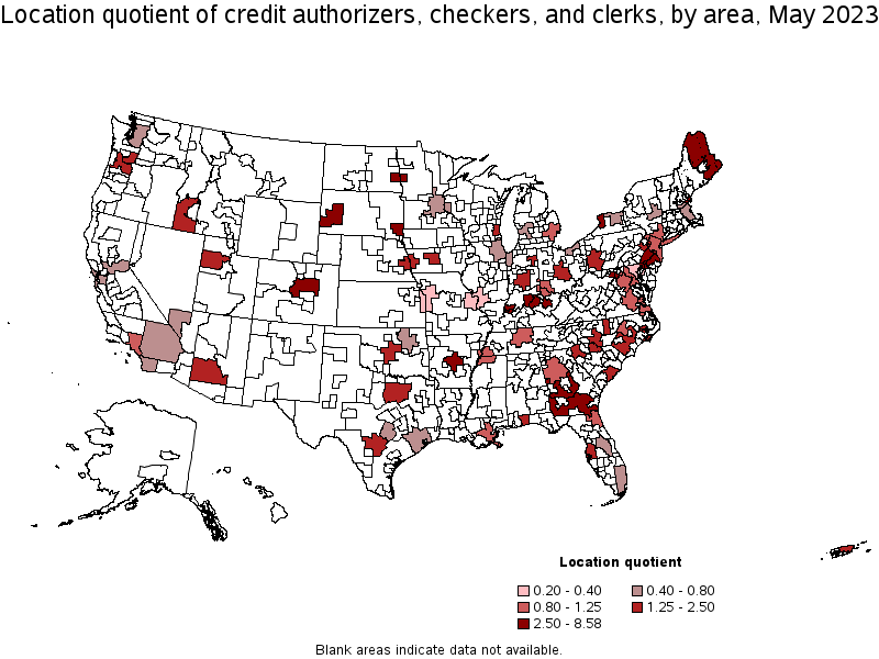 Map of location quotient of credit authorizers, checkers, and clerks by area, May 2021