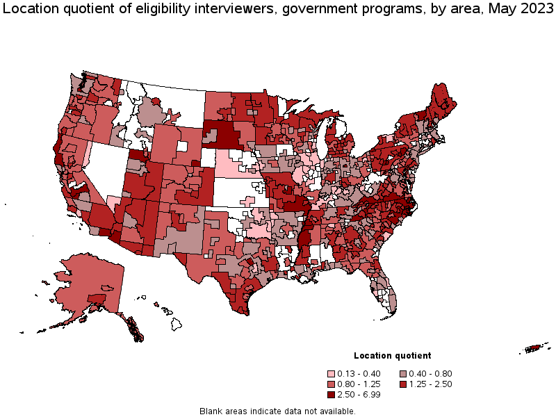 Map of location quotient of eligibility interviewers, government programs by area, May 2022