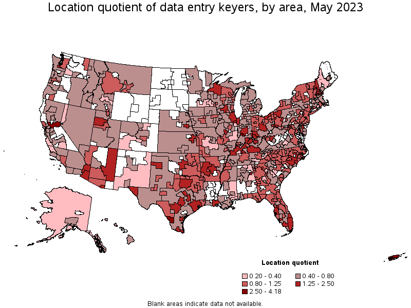 Map of location quotient of data entry keyers by area, May 2022