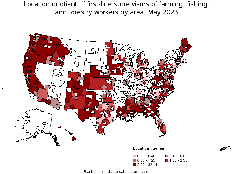 Map of location quotient of first-line supervisors of farming, fishing, and forestry workers by area, May 2022