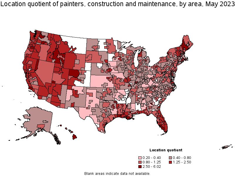 Map of location quotient of painters, construction and maintenance by area, May 2022