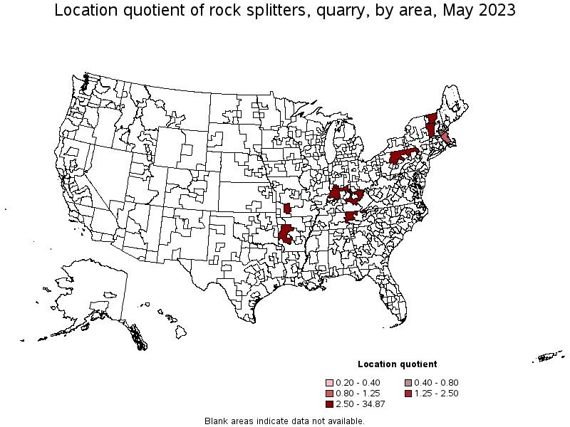 Map of location quotient of rock splitters, quarry by area, May 2022