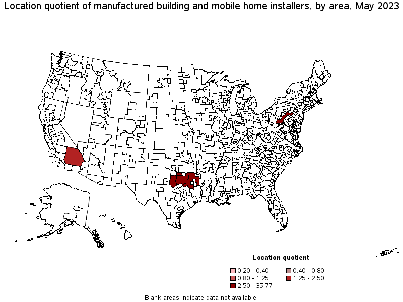 Map of location quotient of manufactured building and mobile home installers by area, May 2023