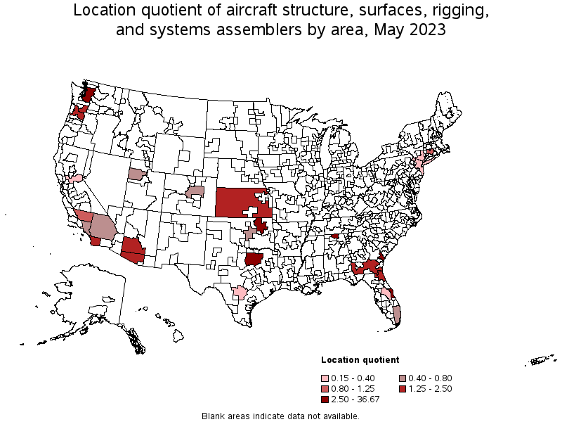 Map of location quotient of aircraft structure, surfaces, rigging, and systems assemblers by area, May 2022