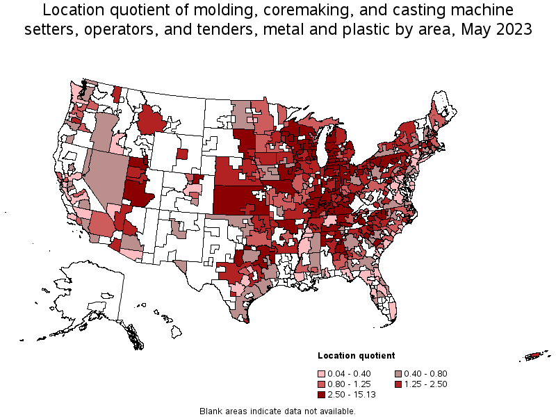 Map of location quotient of molding, coremaking, and casting machine setters, operators, and tenders, metal and plastic by area, May 2022