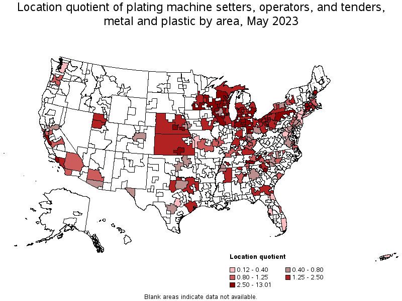 Map of location quotient of plating machine setters, operators, and tenders, metal and plastic by area, May 2022