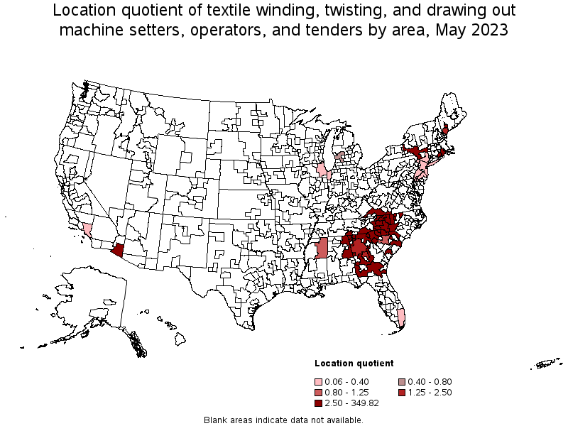 Map of location quotient of textile winding, twisting, and drawing out machine setters, operators, and tenders by area, May 2022
