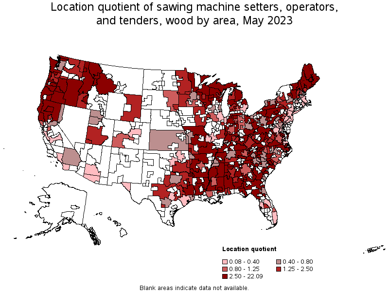 Map of location quotient of sawing machine setters, operators, and tenders, wood by area, May 2021