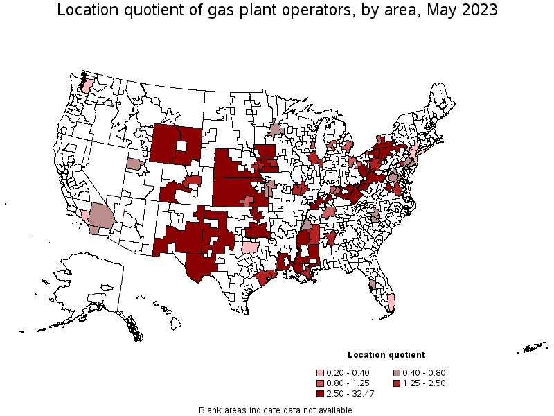 Map of location quotient of gas plant operators by area, May 2022