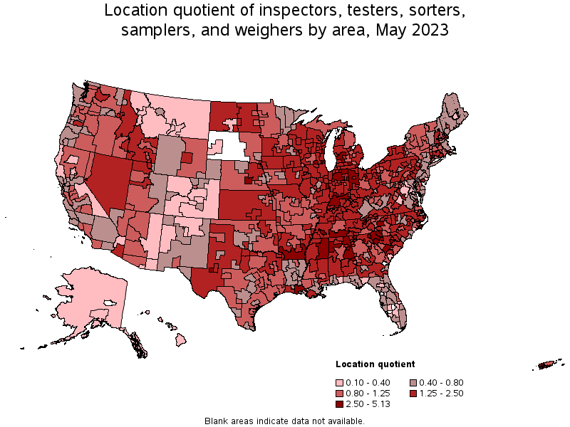 Map of location quotient of inspectors, testers, sorters, samplers, and weighers by area, May 2021