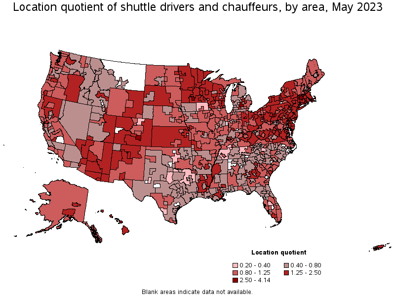 Map of location quotient of shuttle drivers and chauffeurs by area, May 2022