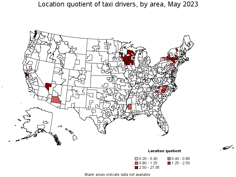 Map of location quotient of taxi drivers by area, May 2021