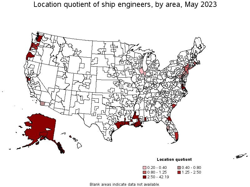 Map of location quotient of ship engineers by area, May 2022
