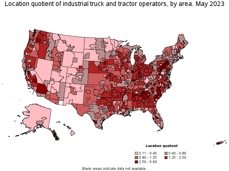 Map of location quotient of industrial truck and tractor operators by area, May 2021