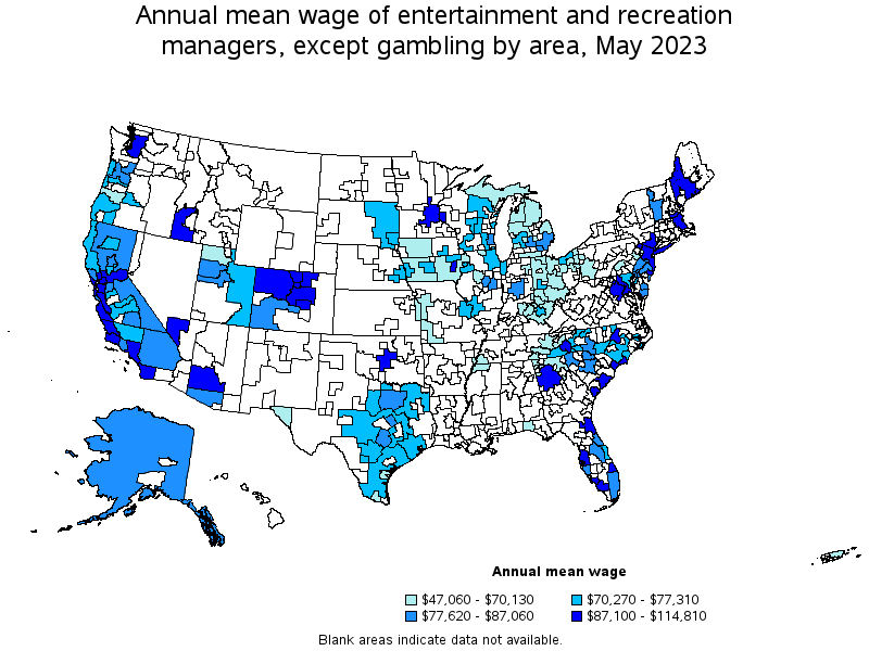 Map of annual mean wages of entertainment and recreation managers, except gambling by area, May 2021