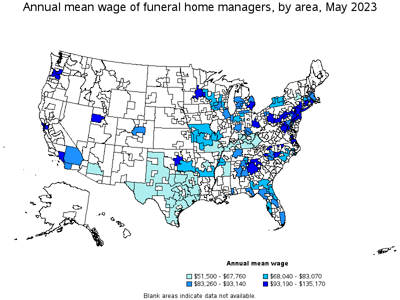 Map of annual mean wages of funeral home managers by area, May 2022