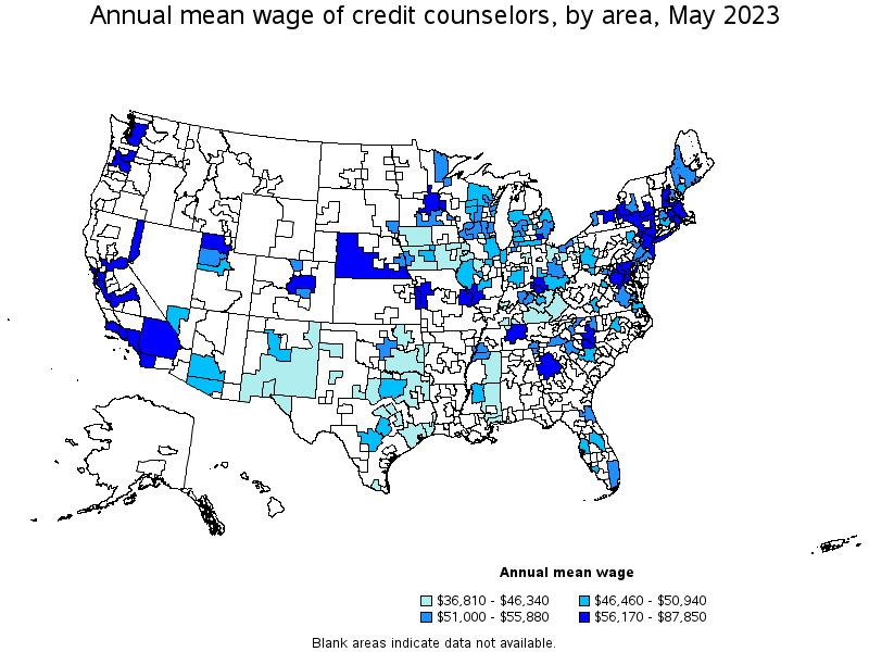 Map of annual mean wages of credit counselors by area, May 2022
