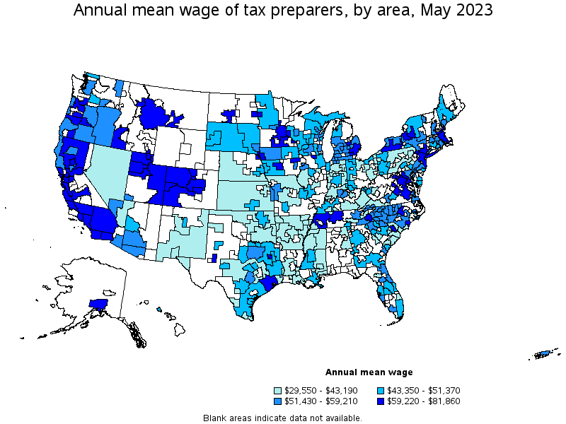 Map of annual mean wages of tax preparers by area, May 2022
