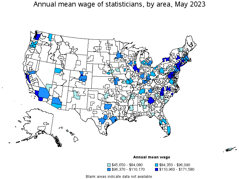 Map of annual mean wages of statisticians by area, May 2021