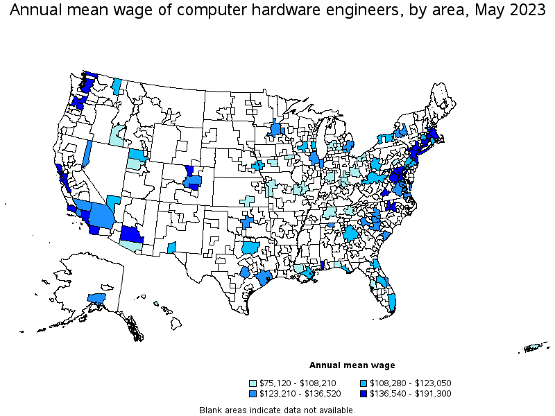 Map of annual mean wages of computer hardware engineers by area, May 2021