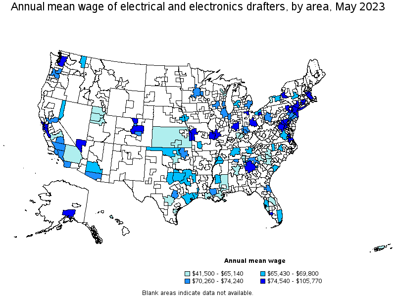 Map of annual mean wages of electrical and electronics drafters by area, May 2022