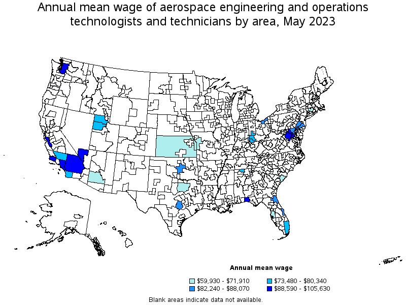 Map of annual mean wages of aerospace engineering and operations technologists and technicians by area, May 2022
