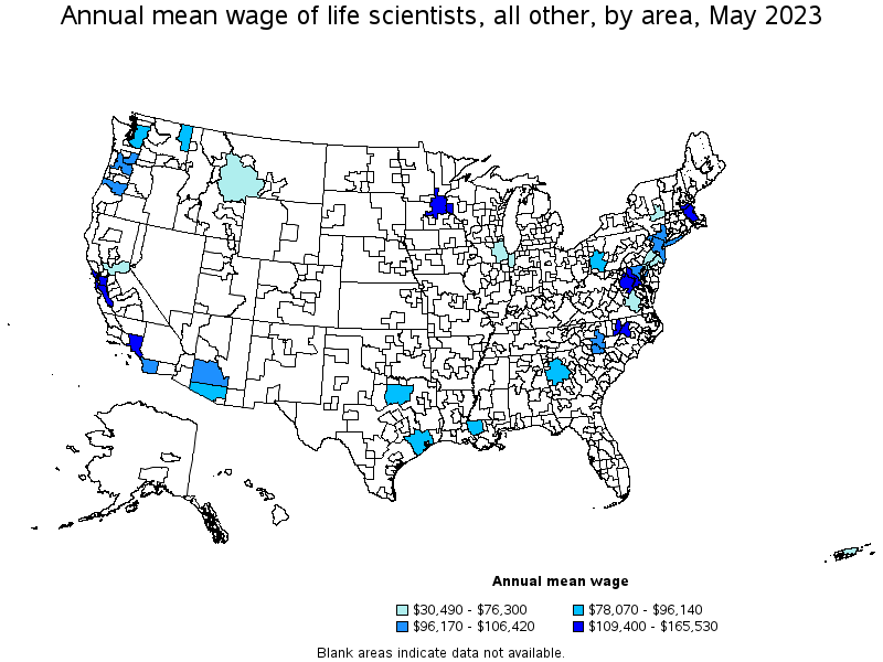Map of annual mean wages of life scientists, all other by area, May 2021