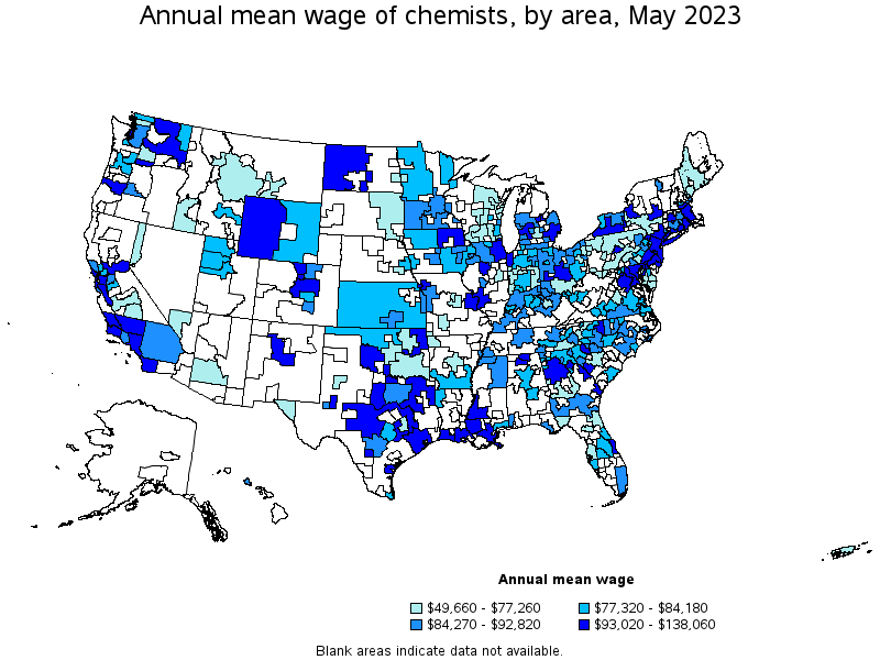 Map of annual mean wages of chemists by area, May 2022