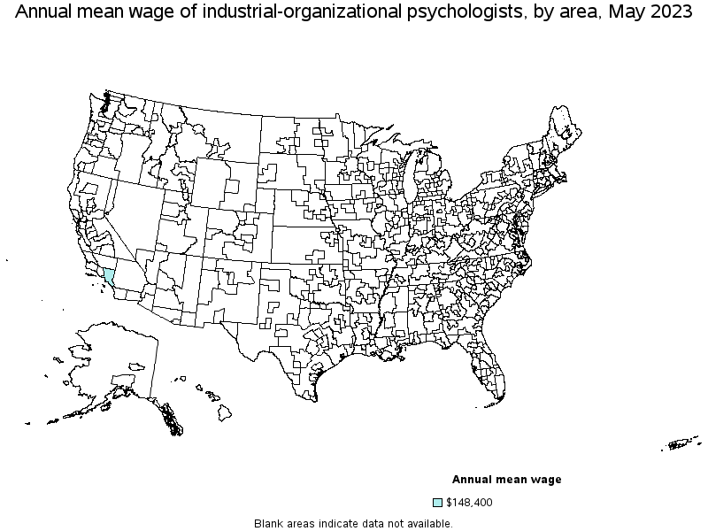 Map of annual mean wages of industrial-organizational psychologists by area, May 2022